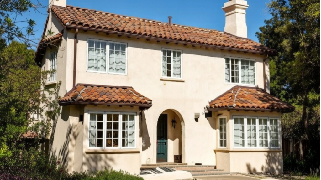 Two-story cream stucco house with a red terracotta tile roof and arched entryway.