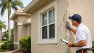 Home inspector checking cracked stucco exterior wall for early repair signs on a Florida house
