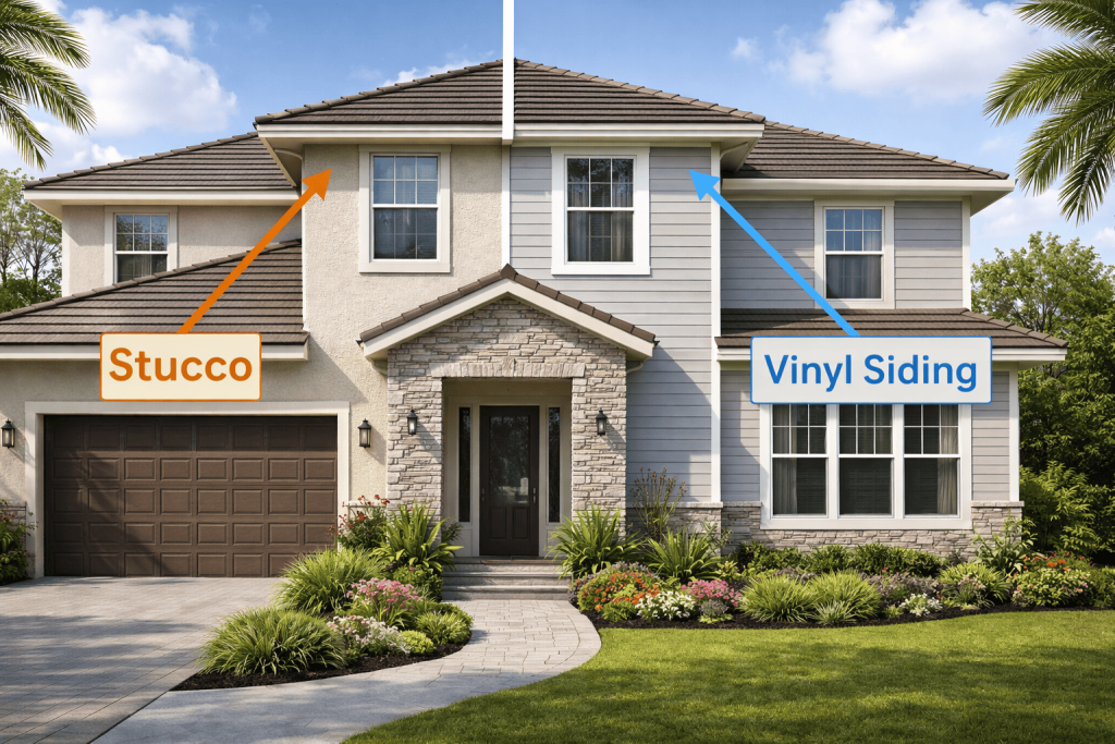 House exterior comparison showing stucco wall on the left and vinyl siding on the right.