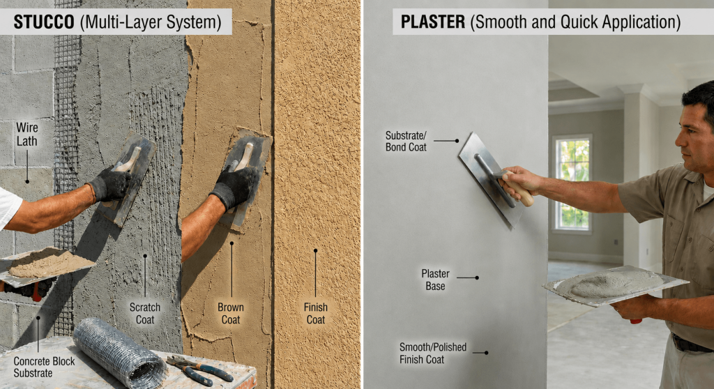 Side-by-side stucco multi-layer versus plaster smooth application methods