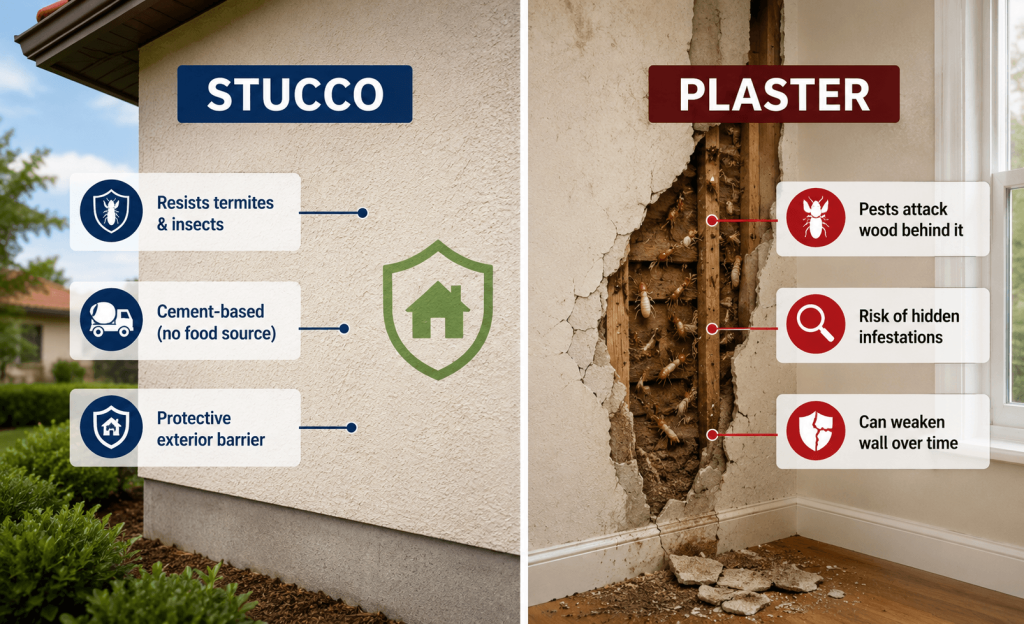 Stucco exterior blocks termites and pests better than plaster