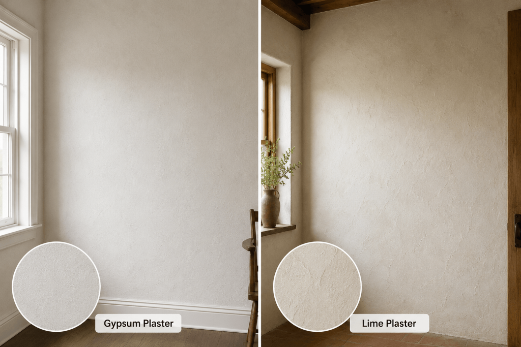 Gypsum plaster smooth finish versus textured lime plaster comparison
