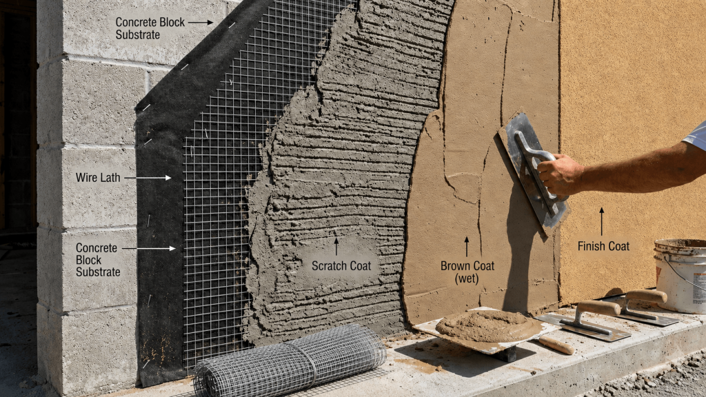Shows stucco as a multi-layer system with wire lath on a concrete block substrate, scratch coat, brown coat, and finish coat being applied by a worker)