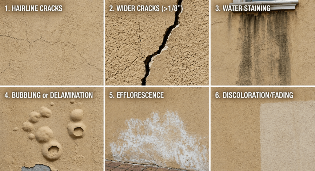 Six-panel photo grid showing common stucco failure sign