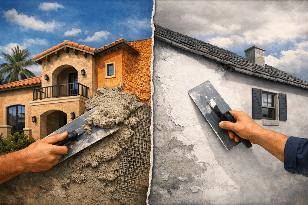 Split-view comparison photo showing rough-textured exterior stucco on a Mediterranean-style home versus smooth plaster wall