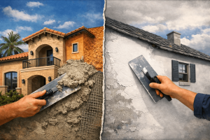 Split-view comparison photo showing rough-textured exterior stucco on a Mediterranean-style home versus smooth plaster wall