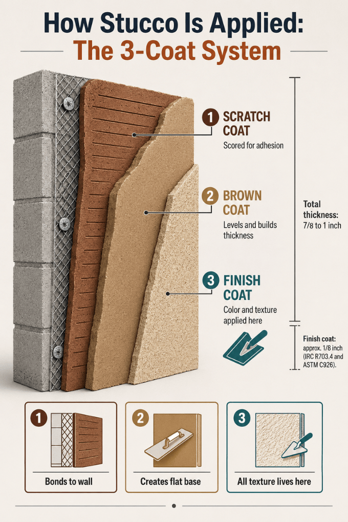 Diagram showing the three-coat stucco system with scratch coat, brown coat, and finish coat layers.