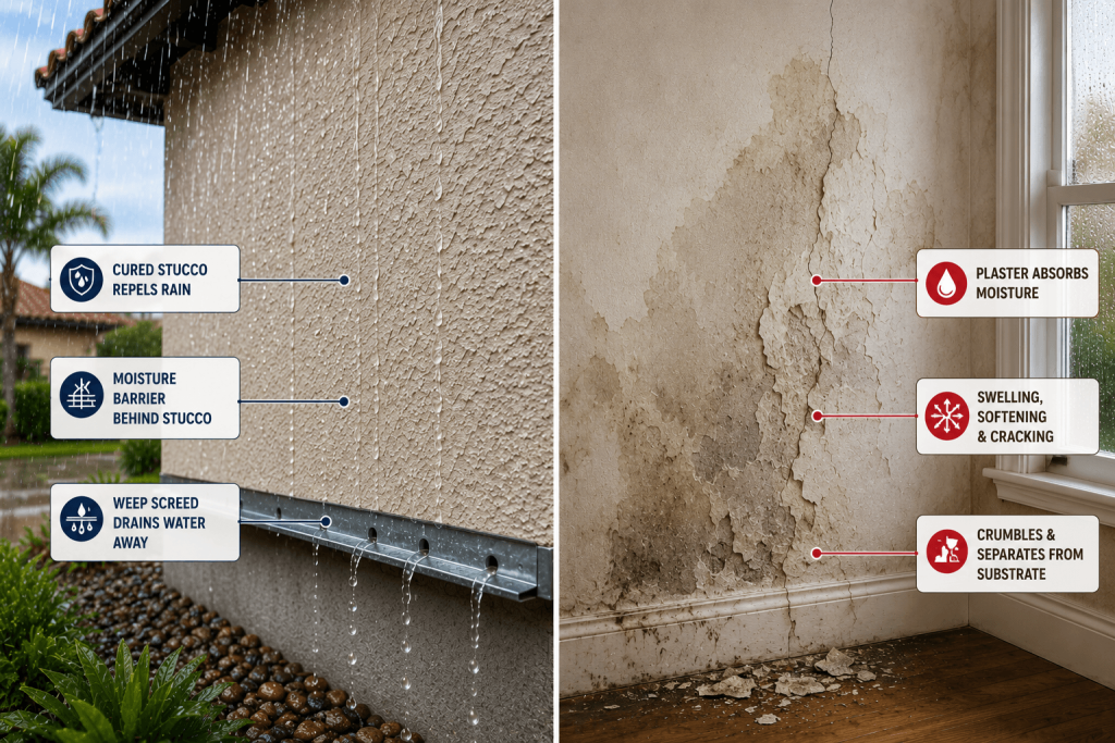 Stucco moisture resistance versus plaster water damage