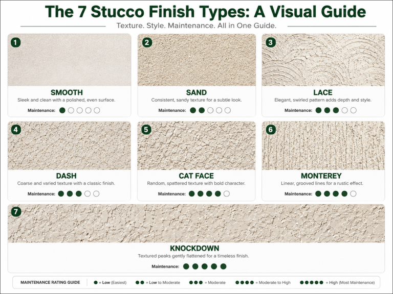 An infographic chart comparing the 7 types of stucco finishes: Smooth, Sand, Lace, Dash, Cat Face, Monterey, and Knockdown, showing their textures and maintenance levels.