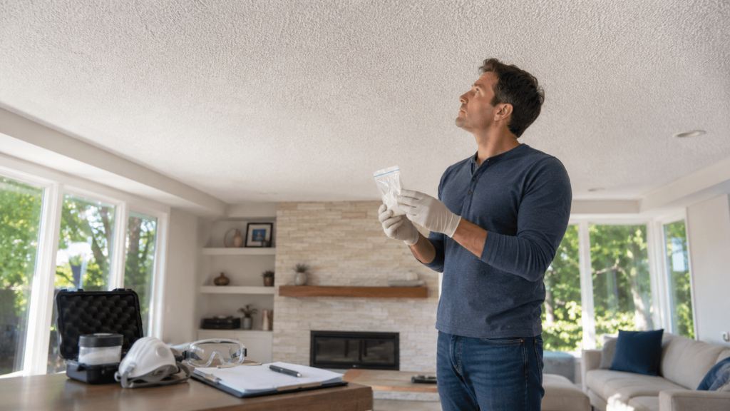 Man inspecting a popcorn ceiling for potential asbestos during home testing.