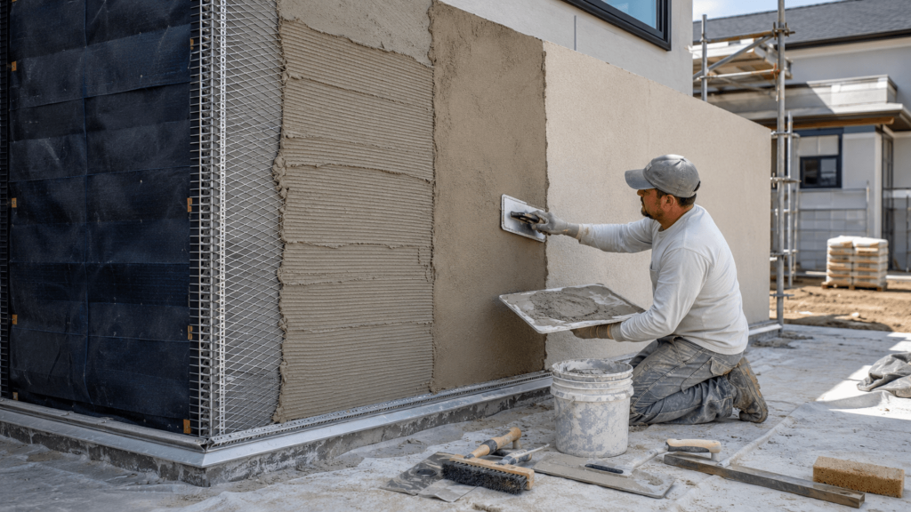 Stucco contractor applying stucco to a residential exterior wall.